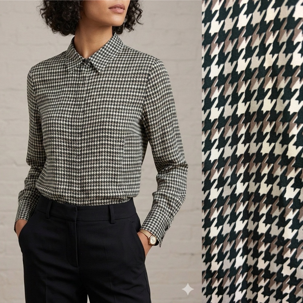 THEORY‎ Houndstooth Button Up Blouse Deep Green White Grey Classic Minimalist